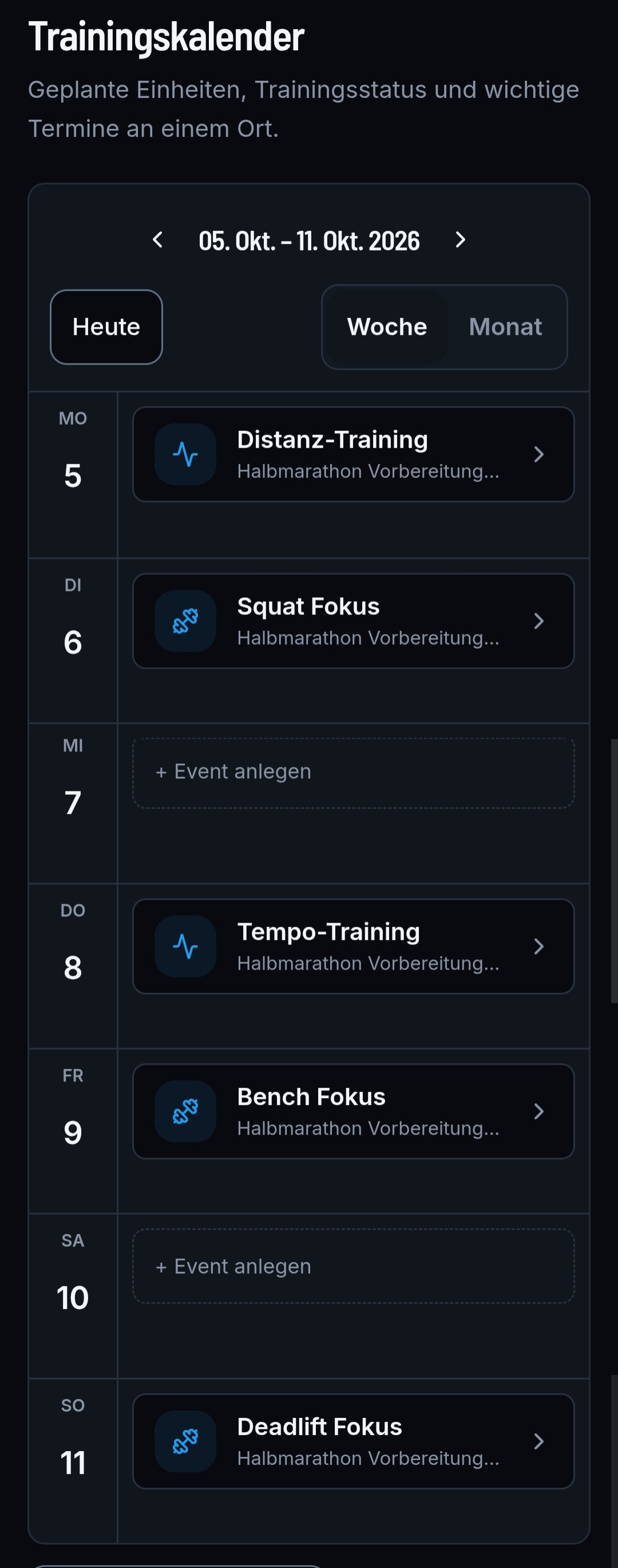Trainingskalender mit abwechselnden Kraft- und Laufeinheiten