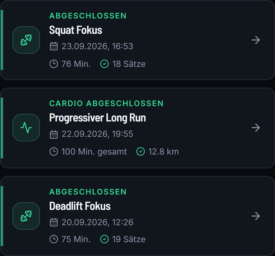 Abgeschlossenes Kraft- und Lauftraining mit Datum sowie Dauer und Ergebnissen in einer zweiten Zeile