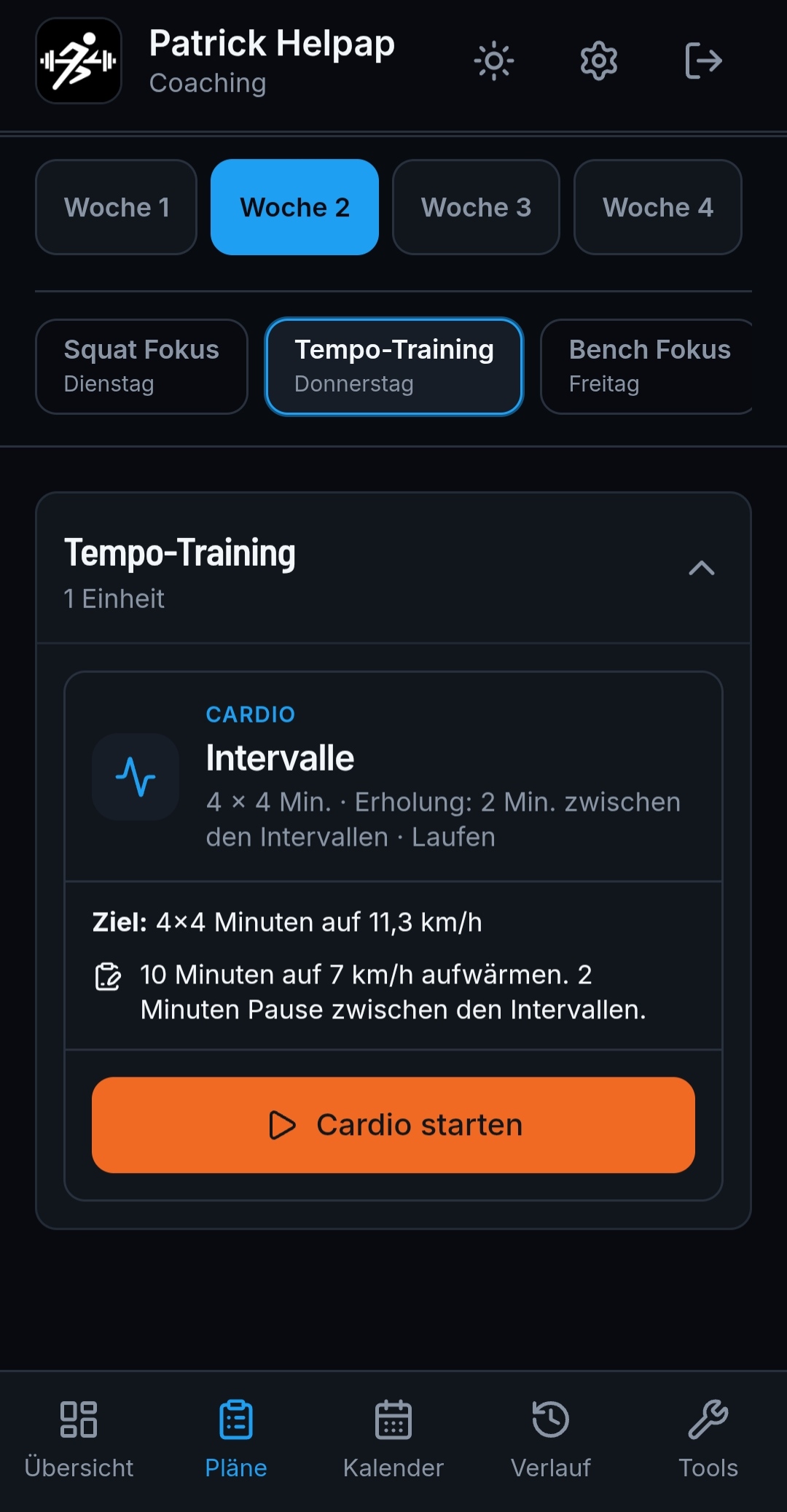 Intervallvorgabe mit vier Belastungen, Erholung und direktem Cardio-Start